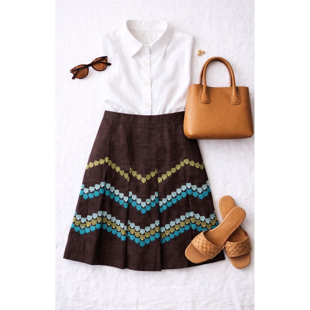 Loft Linen Embroidered Skirt Size 0 Brown Blue Lined‎ Boho Summer